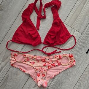 Victoria's Secret Red Triangle Bikini Top with Pink Floral Bikini Bottom